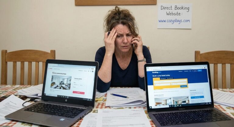 Hard-working host using the airbnb host login to check their rising airbnb host fees