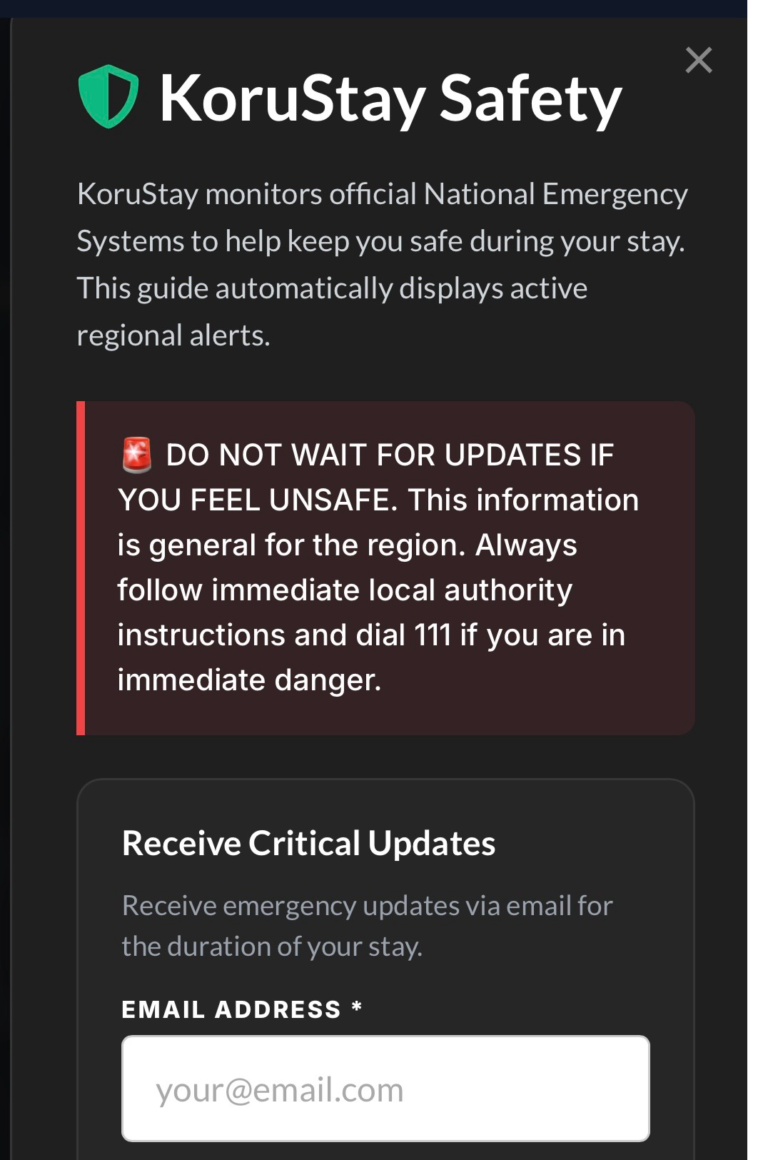 KoruStay automated sign ups for safety alerts